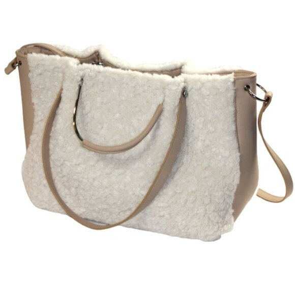 House Of Harlow 1960 Tan Cream Sherpa Shearling Detachable Wristlet Jumbo Tote - Picture 7 of 13